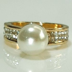 NEW Faux Pearl Wide Band Gold Ring with CZ band